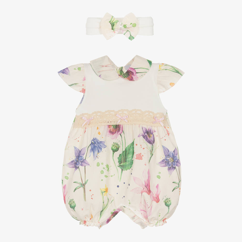 Beau KiD - Girls Ivory Floral Cotton Babysuit Set | Childrensalon