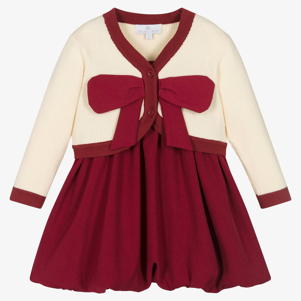 Beau KiD - طقم فستان مزيج فيسكوزلون أحمر و عاجي | Childrensalon
