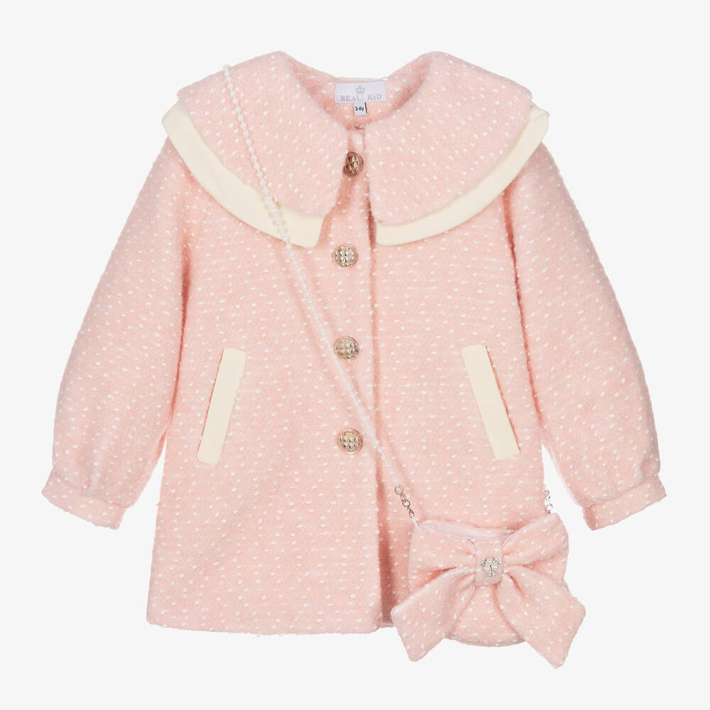 Beau KiD - Girls Pink Bouclé Coat & Bag | Childrensalon