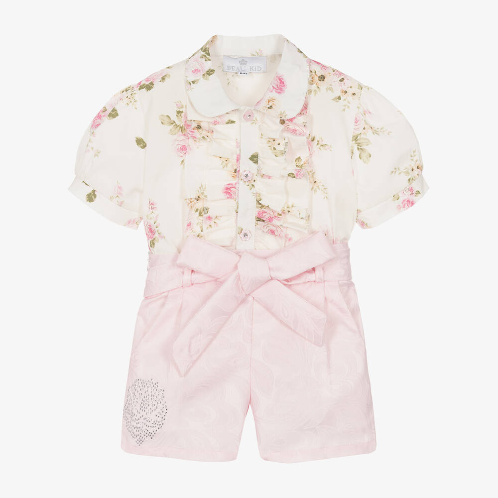 Beau KiD - Girls Pink & Ivory Cotton Shorts Set | Childrensalon