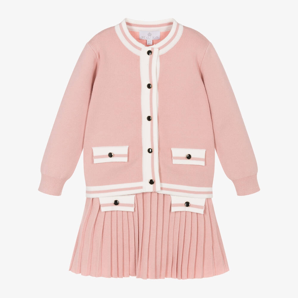 Beau KiD - Girls Pink Knitted Cardigan & Skirt Set | Childrensalon