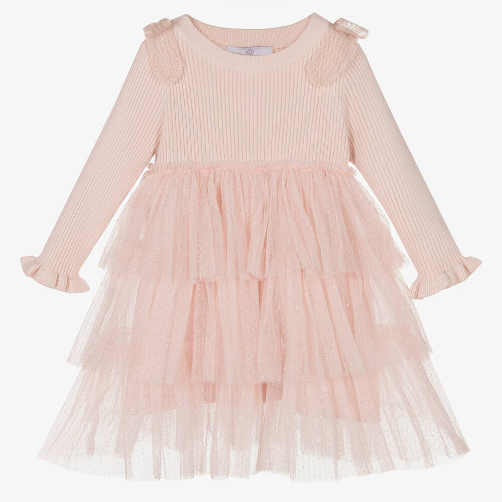 Beau KiD - Girls Pink Sparkly Tulle Knitted Dress | Childrensalon
