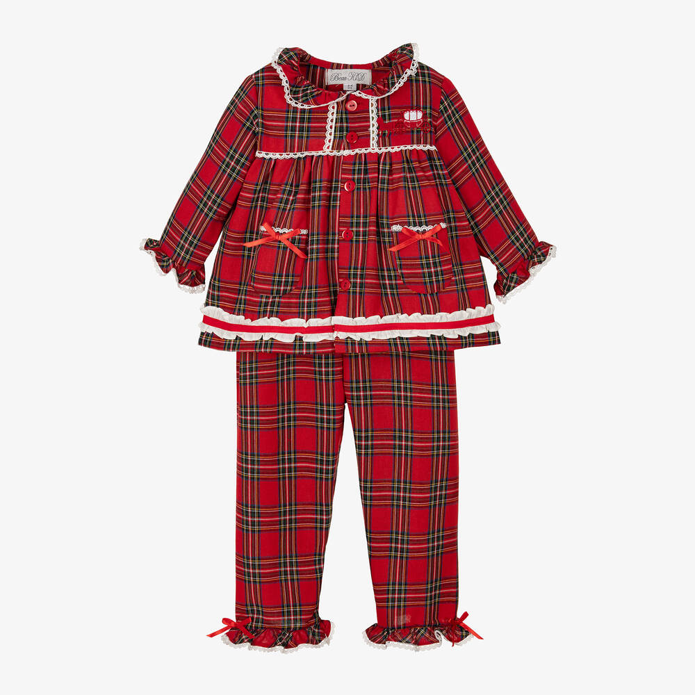 Beau KiD - Girls Red Cotton Tartan Bow Pyjamas | Childrensalon