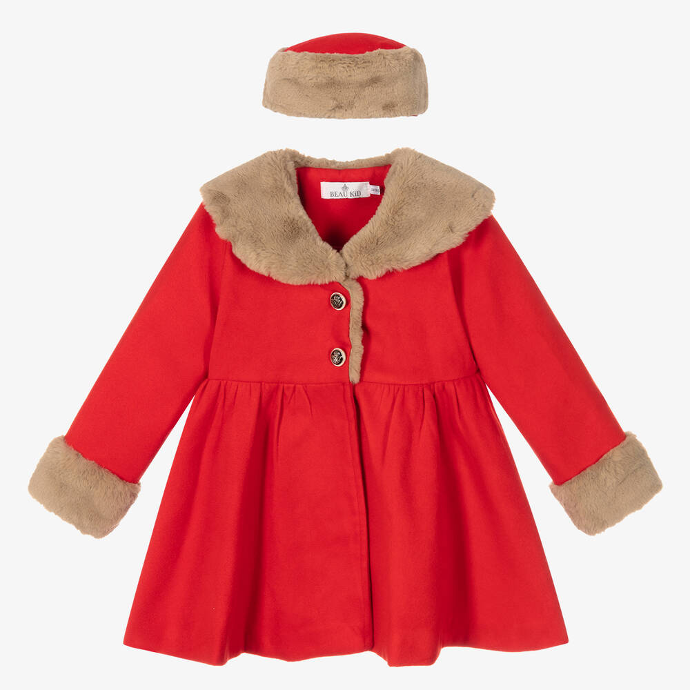 Beau KiD - معطف وقبعة مزين بفرو صناعي لون أحمر للبنات | Childrensalon