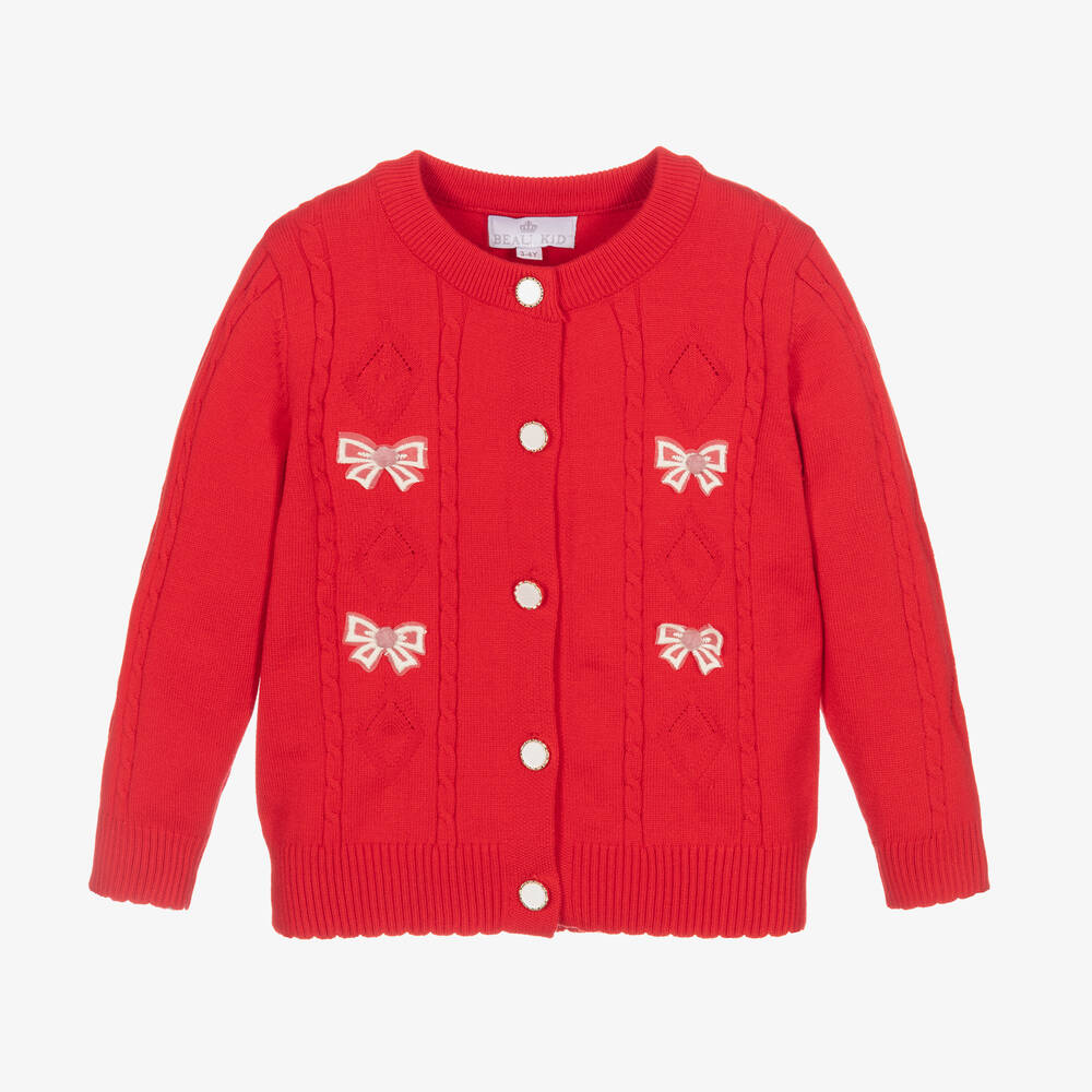 Beau KiD - Girls Red Knitted Bow Cardigan | Childrensalon