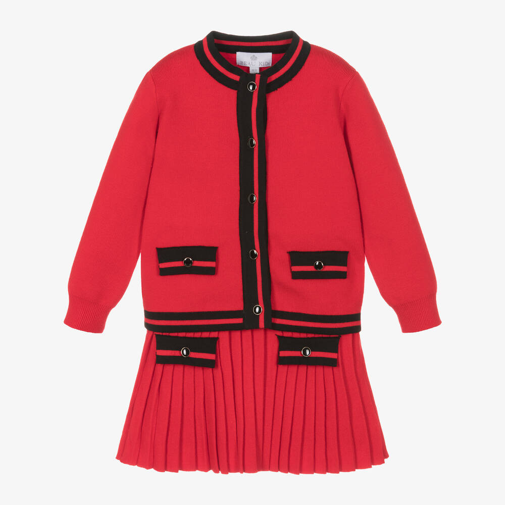 Beau KiD - Girls Red Knitted Cardigan & Skirt Set | Childrensalon