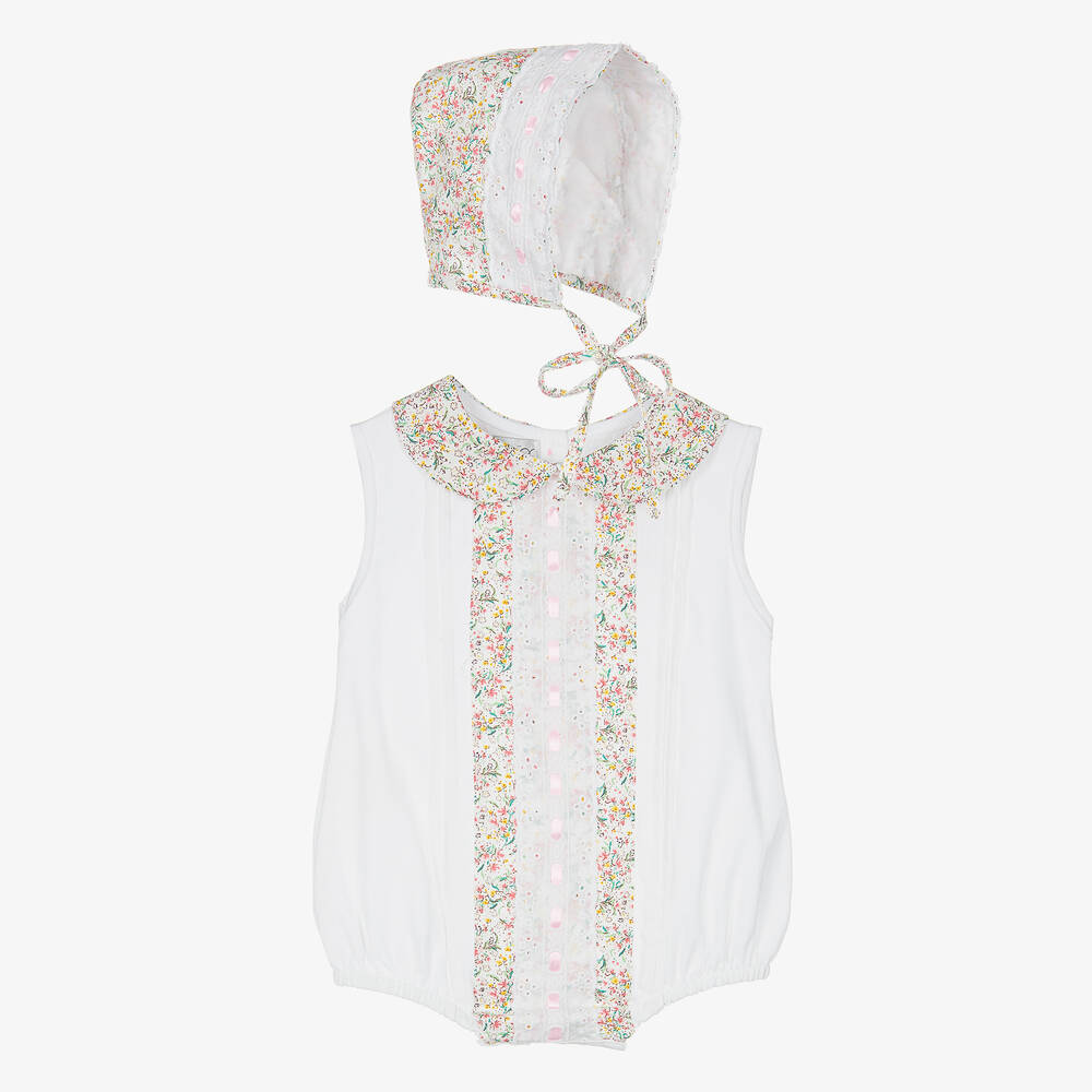 Beau KiD - Girls White Floral Cotton Babysuit Set | Childrensalon
