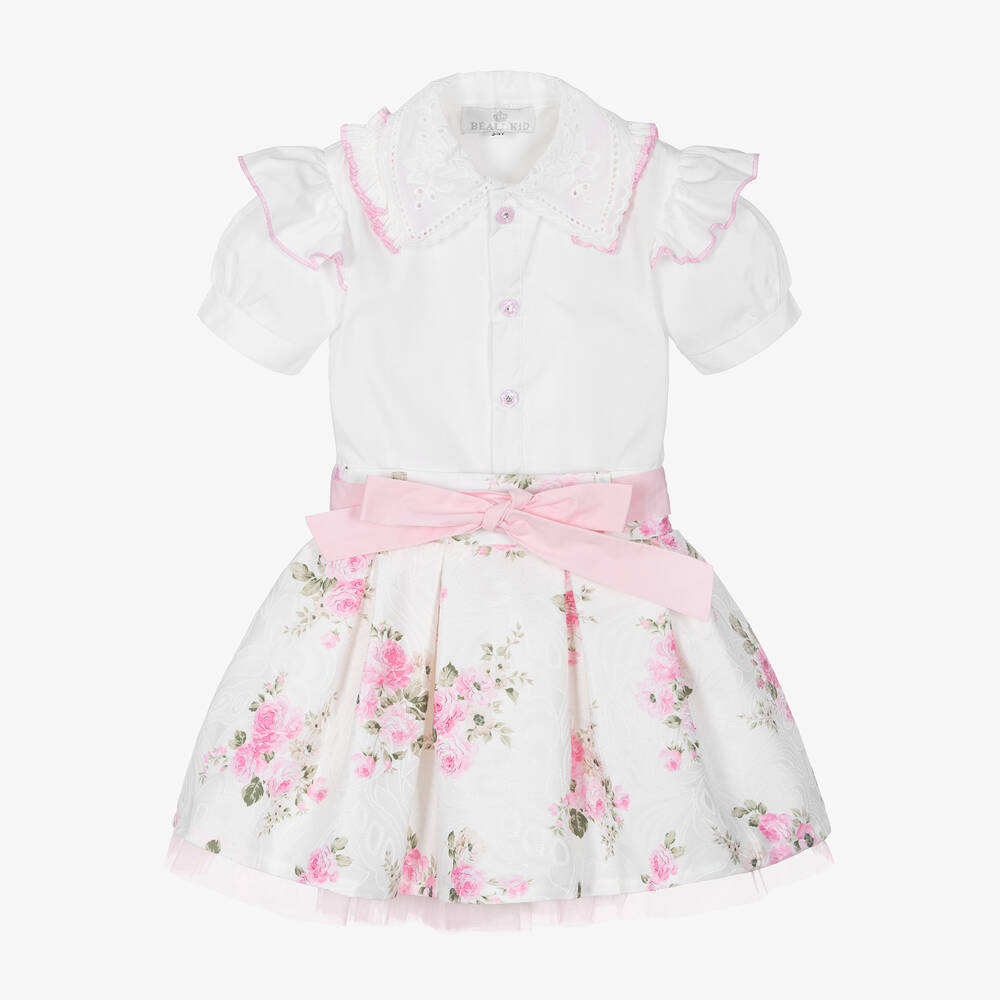 Shop Beau Kid Girls White & Pink Cotton Skirt Set