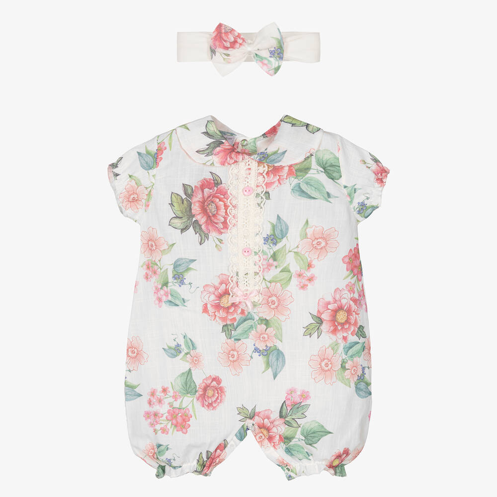 Beau KiD - Girls White & Pink Floral Babysuit Set | Childrensalon