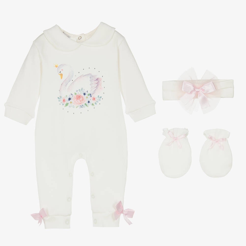 Beau Kid Girls Ivory Swan Print Cotton Babysuit Set