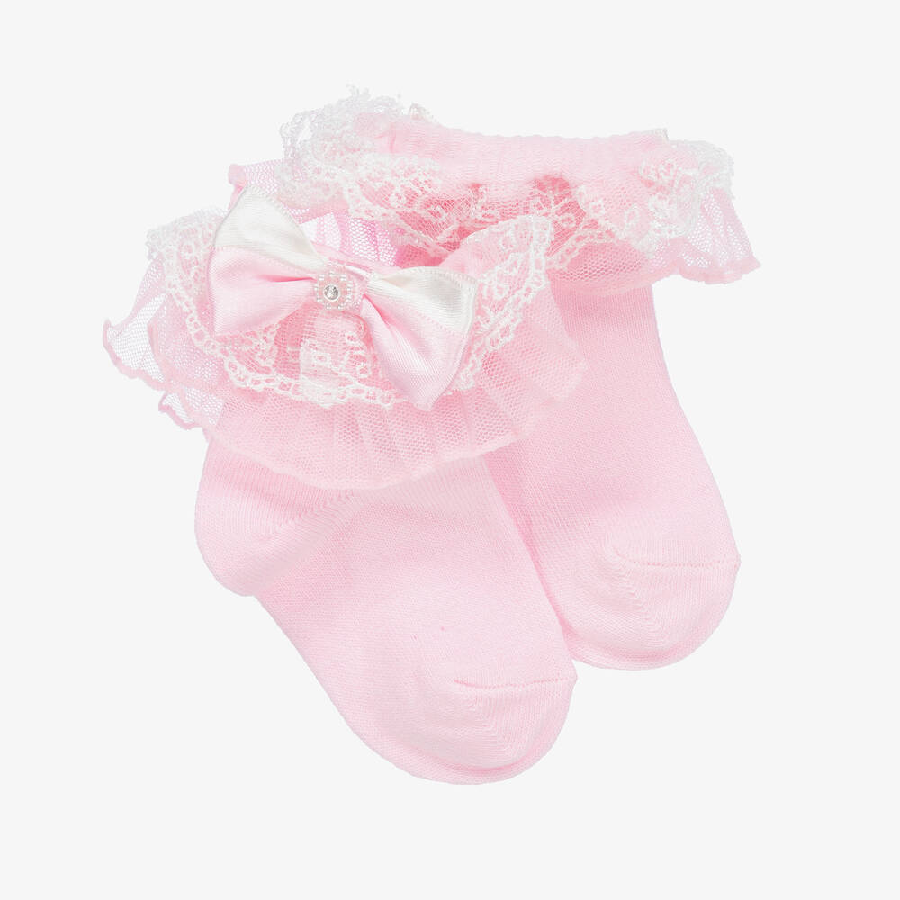 Beau KiD - Chaussettes roses en coton à dentelle   | Childrensalon