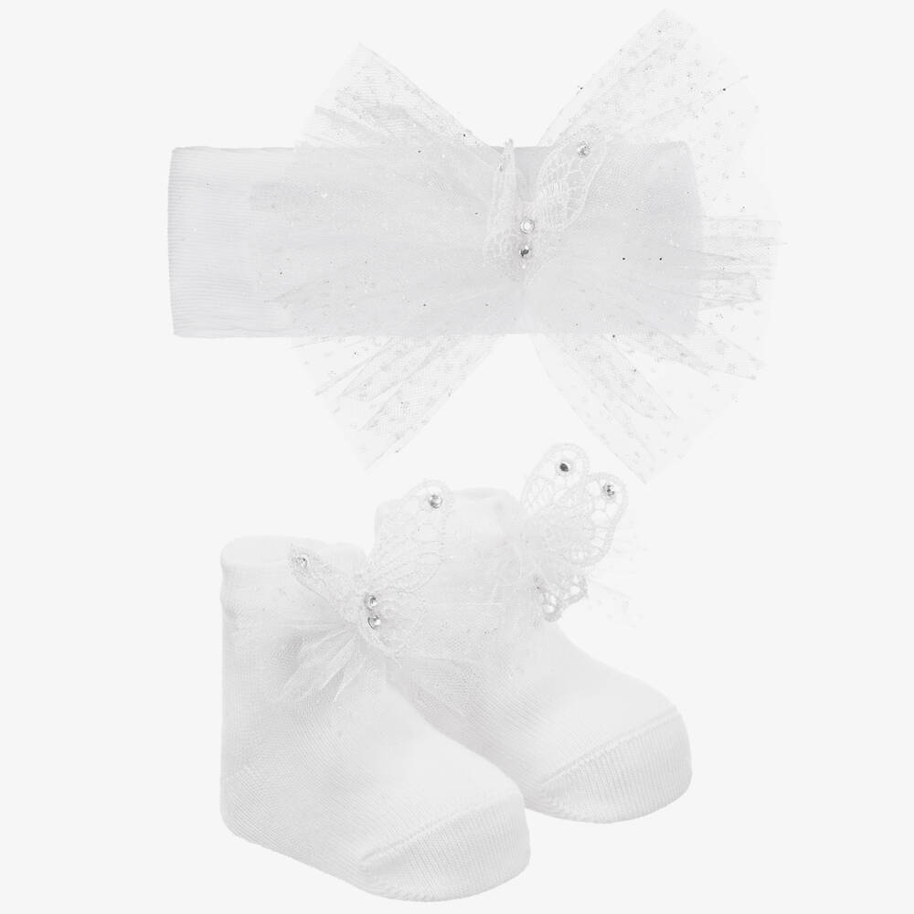 Beau KiD - طقم جوارب وطوق للرأس قطن لون أبيض للمولودات | Childrensalon
