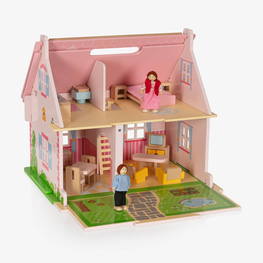 Bigjigs - Girls Pink Wooden Cottage Play Set (51cm) | Childrensalon