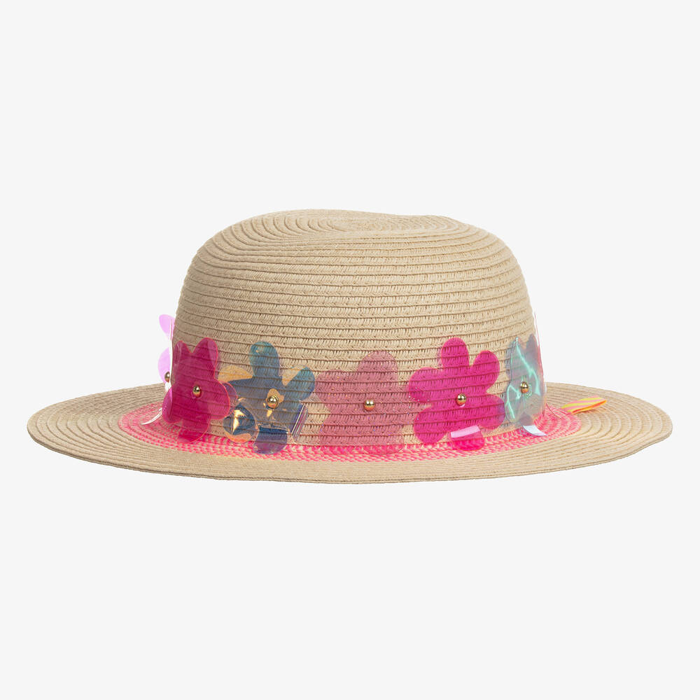 Billieblush - قبعة شمس قش مزينة بالورود لون بيج وزهري للبنات | Childrensalon