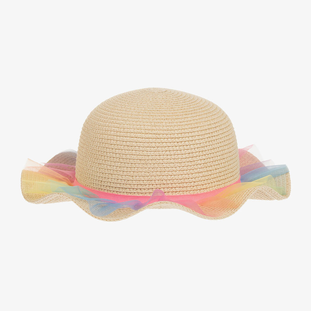 Billieblush Kids' Girls Beige Straw & Tulle Frill Sun Hat In Neutrals