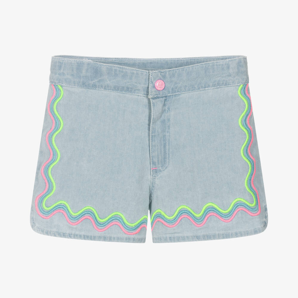 Shop Billieblush Girls Blue Cotton Embroidered Shorts
