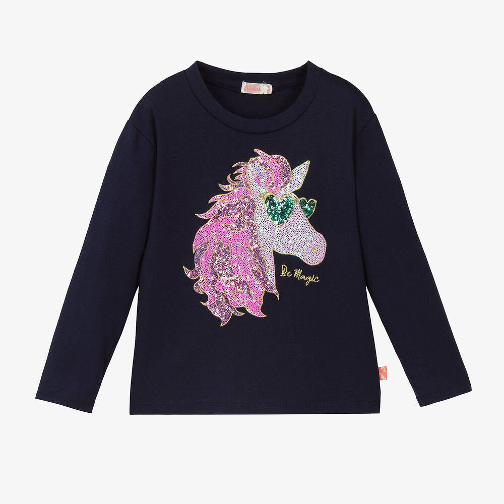 Billieblush - Girls Blue Cotton Unicorn Top | Childrensalon