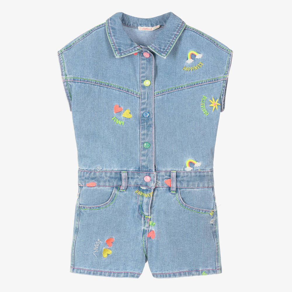 Billieblush - Girls Blue Denim Embroidered Playsuit | Childrensalon