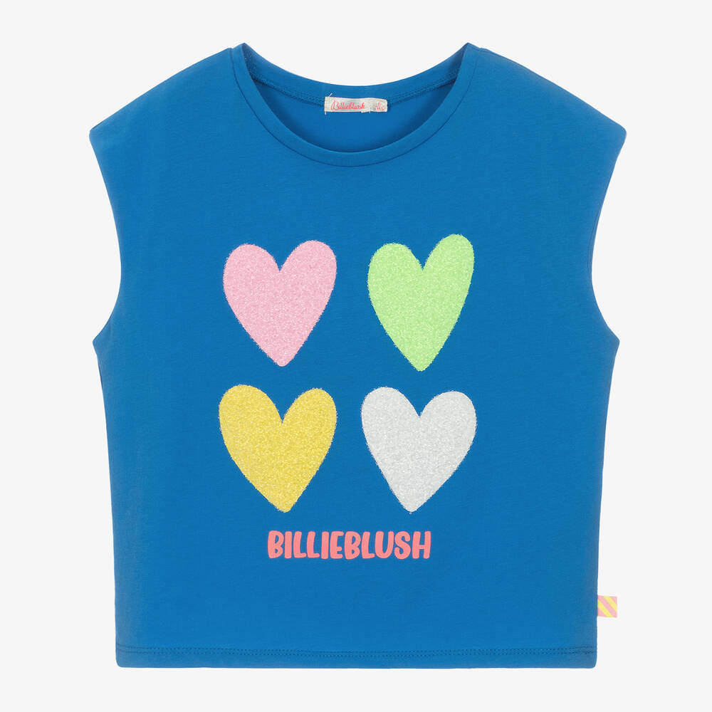 Billieblush - Girls Blue Organic Cotton Hearts T-Shirt | Childrensalon