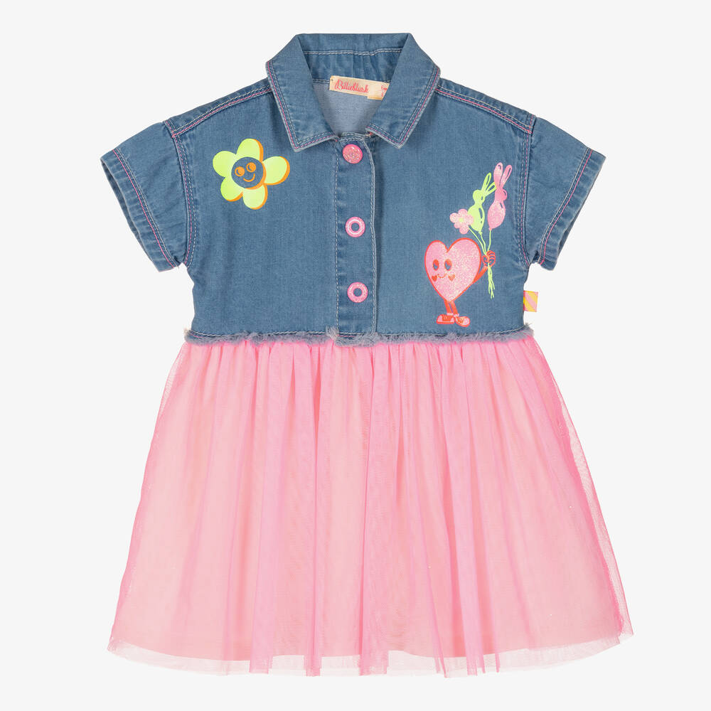 Billieblush - Girls Blue & Pink Denim Tulle Dress | Childrensalon