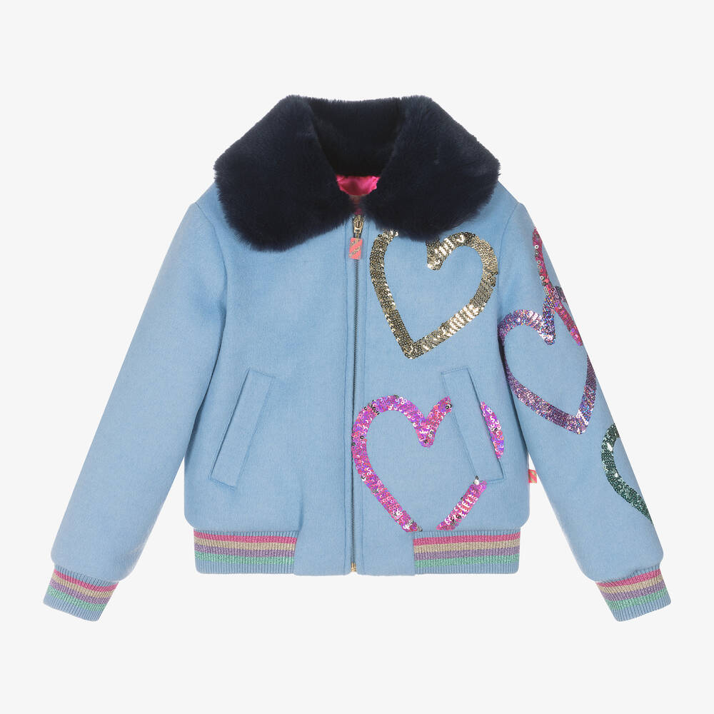 Billieblush - Girls Blue Sequin Heart Wool Jacket | Childrensalon