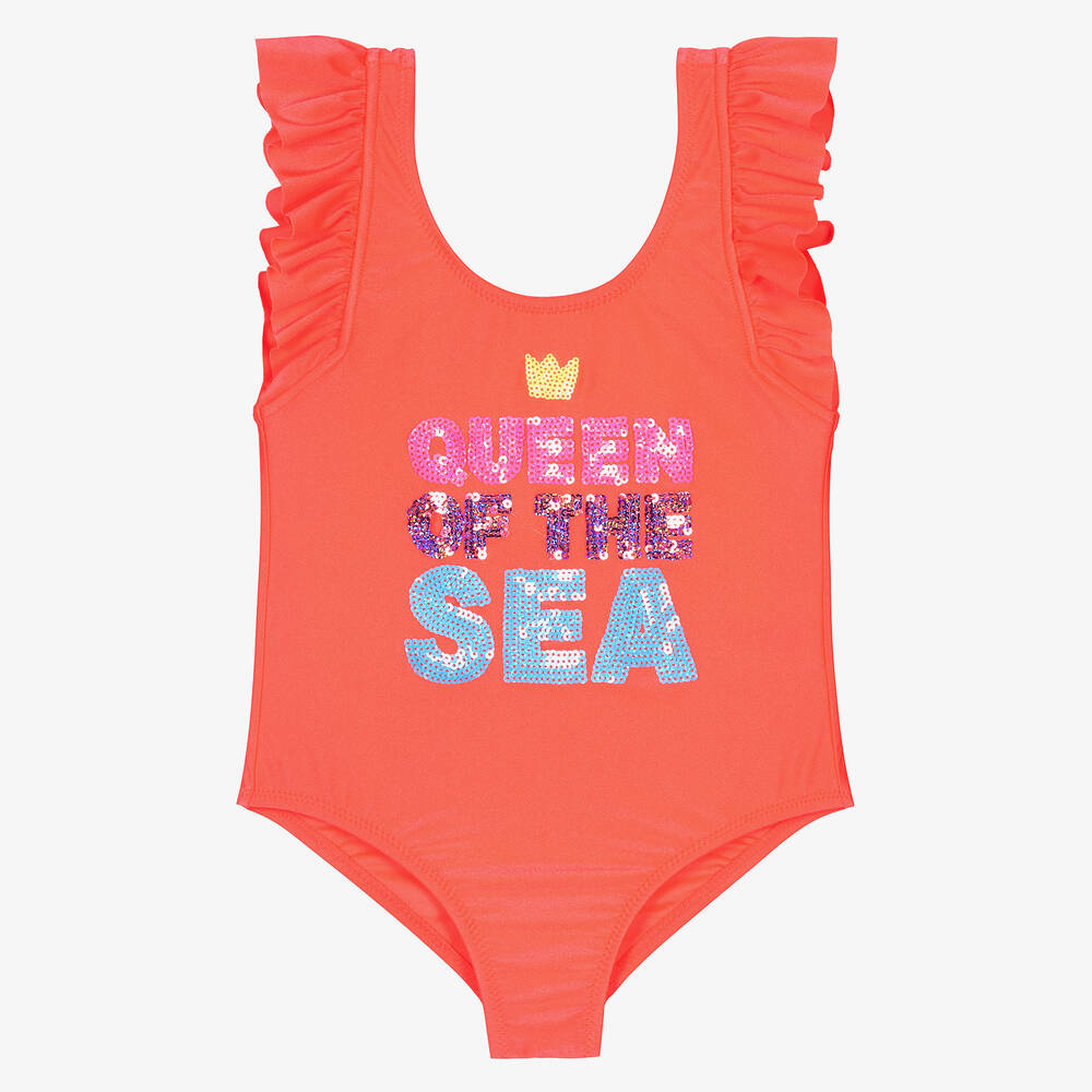 Billieblush - Girls Coral Orange Ruffle Swimsuit | Childrensalon