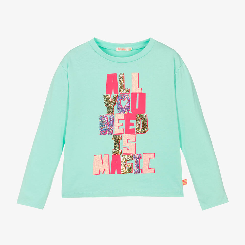 Billieblush - Girls Green Cotton Sequin Top | Childrensalon