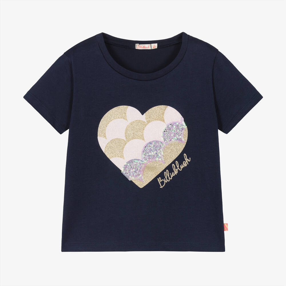 Billieblush - Girls Navy Blue Cotton Heart T-Shirt | Childrensalon