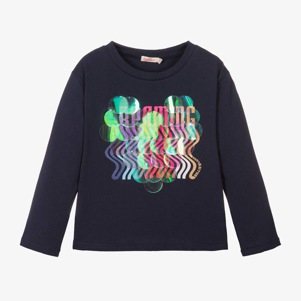 Billieblush - Girls Navy Blue Cotton Sequin Top | Childrensalon