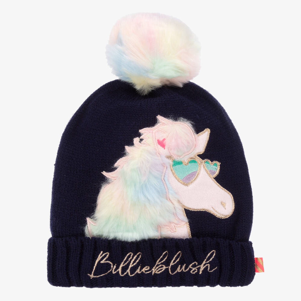 Billieblush - Girls Navy Blue Knitted Pom-Pom Hat | Childrensalon