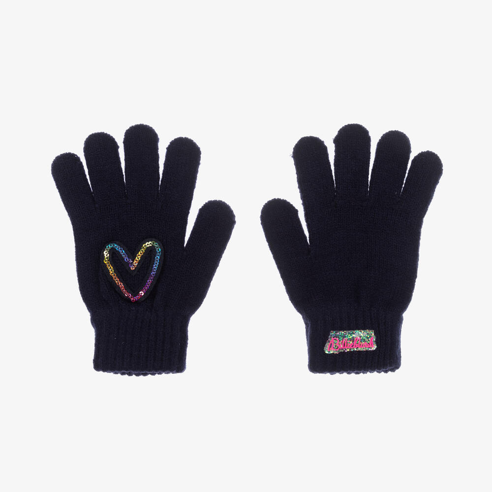 Billieblush - Girls Navy Blue Sequin Heart Gloves | Childrensalon