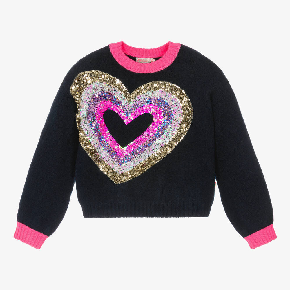 Billieblush - Girls Navy Blue Sequin Heart Sweater | Childrensalon