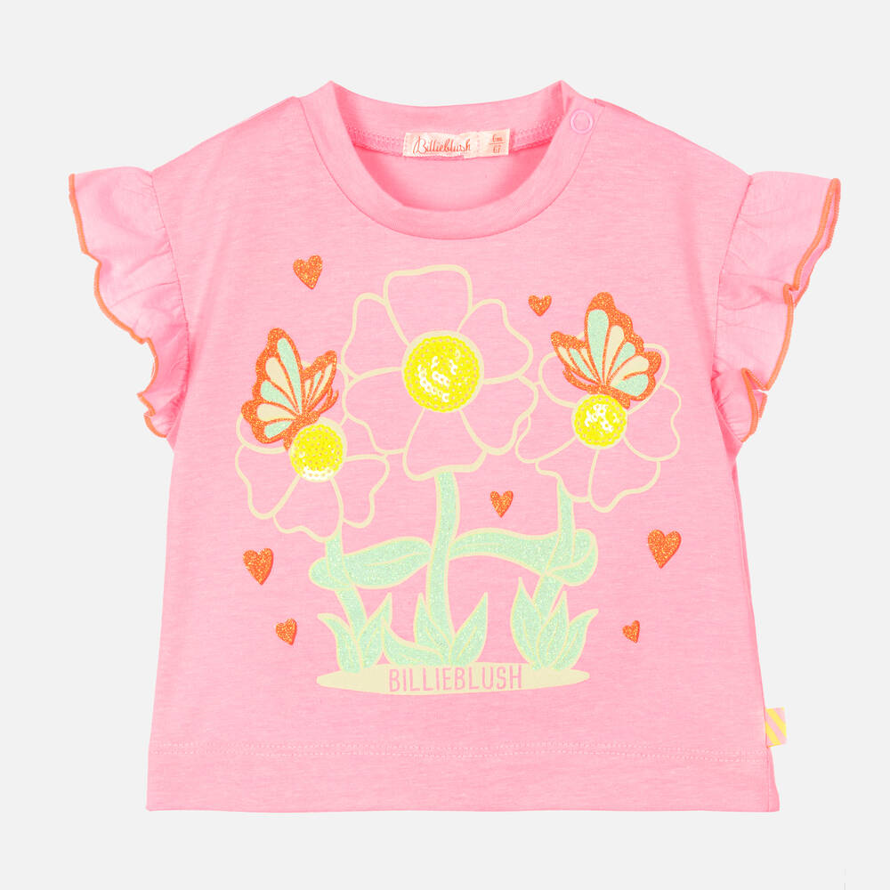 Billieblush - Girls Neon Pink Glitter Flower T-Shirt | Childrensalon