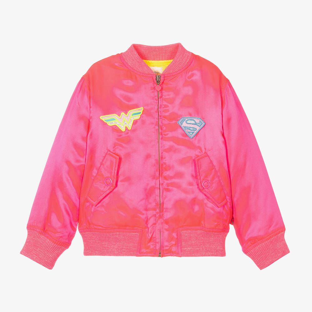 Billieblush - Girls Neon Pink Satin DC Bomber Jacket | Childrensalon