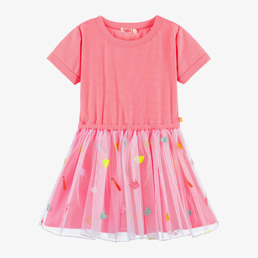 Billieblush - فستان مزيج قطن محبوك وتول لون زهري | Childrensalon