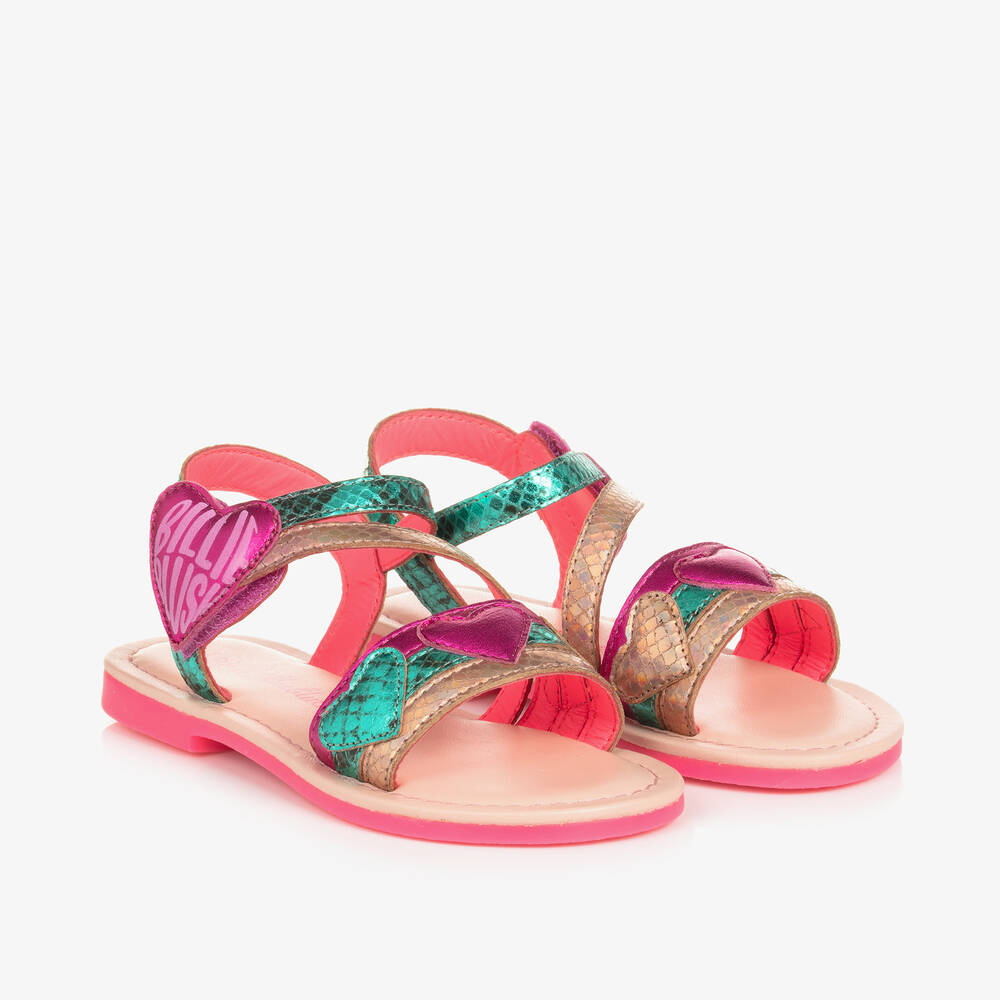 Billieblush - Girls Pink & Green Leather Sandals | Childrensalon