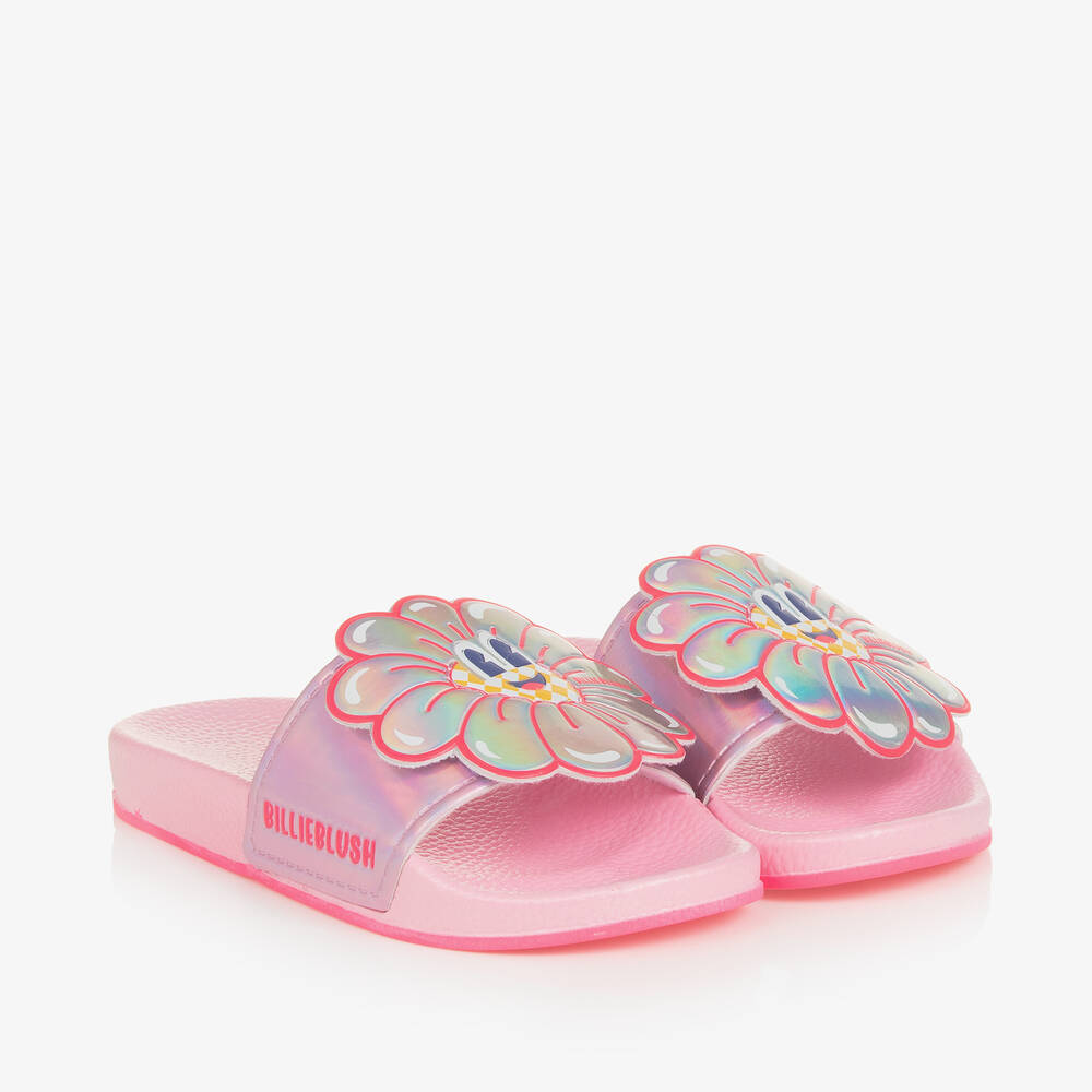 Billieblush - Girls Pink Iridescent Flower Sliders | Childrensalon