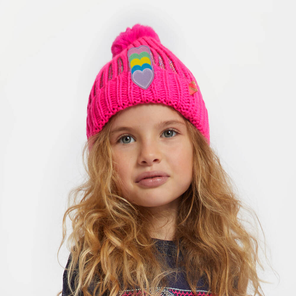 Billieblush - Girls Pink Knitted Heart Pom-Pom Hat | Childrensalon
