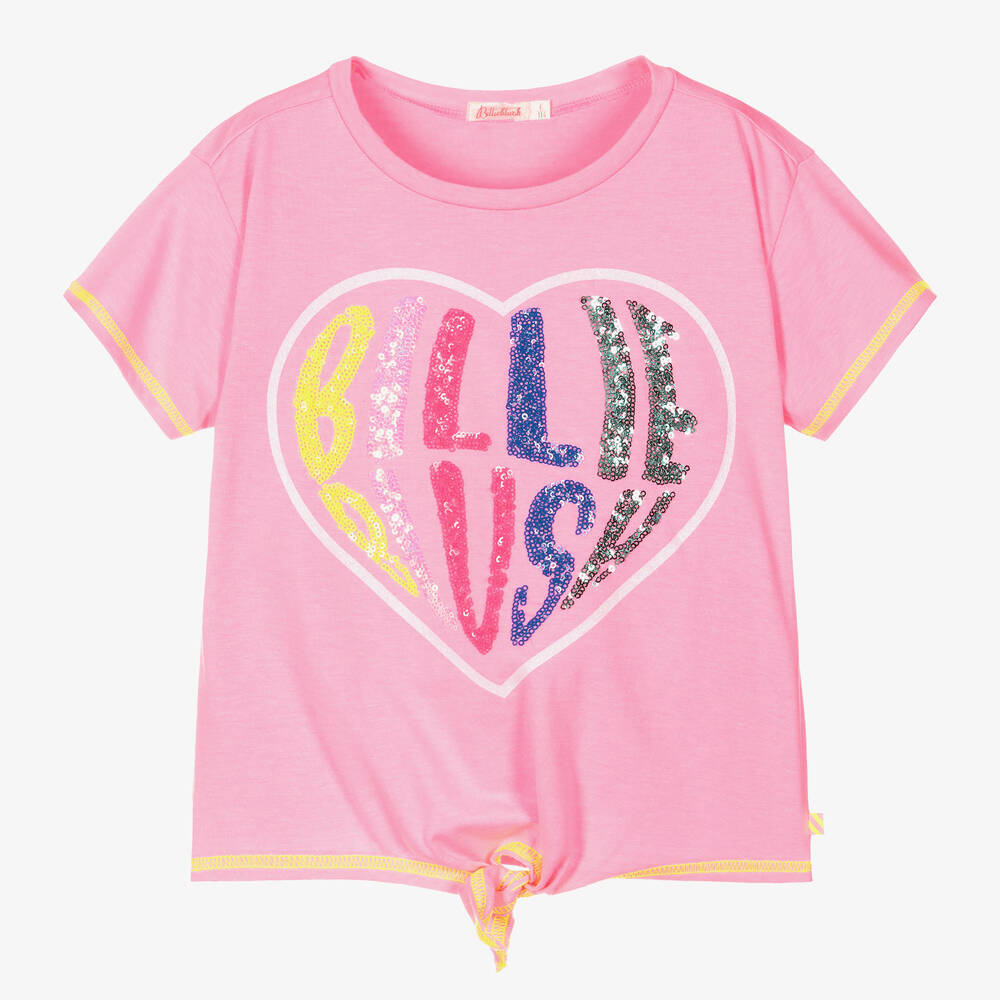 Billieblush - Girls Pink Sequin Heart Cotton T-Shirt | Childrensalon