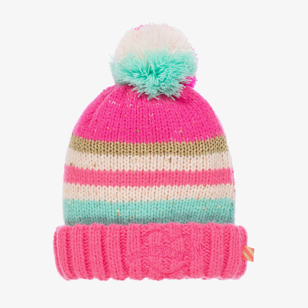 Billieblush - Girls Pink Striped Knit Pom-Pom Hat | Childrensalon