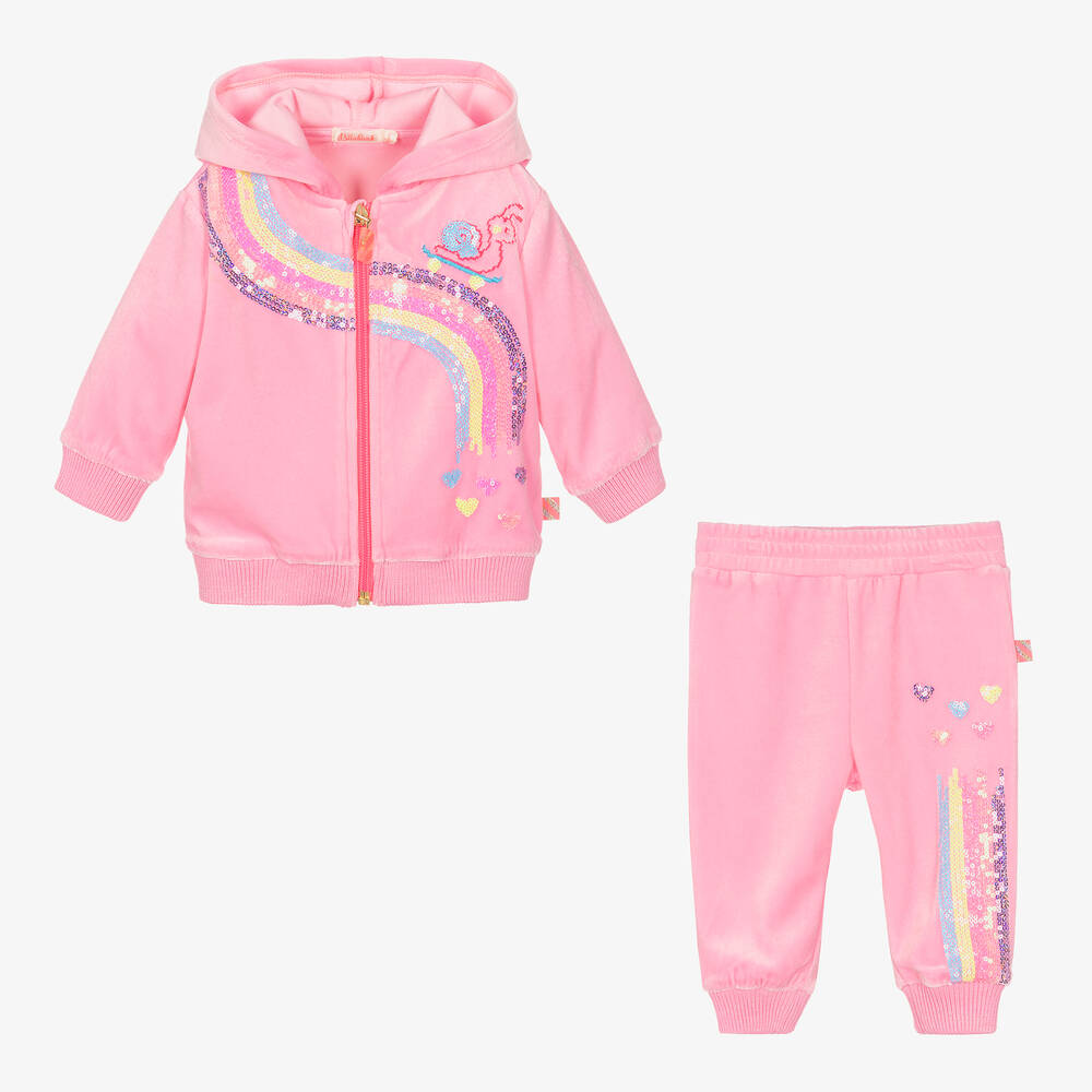 Billieblush - Girls Pink Velour Rainbow Sequin Tracksuit | Childrensalon