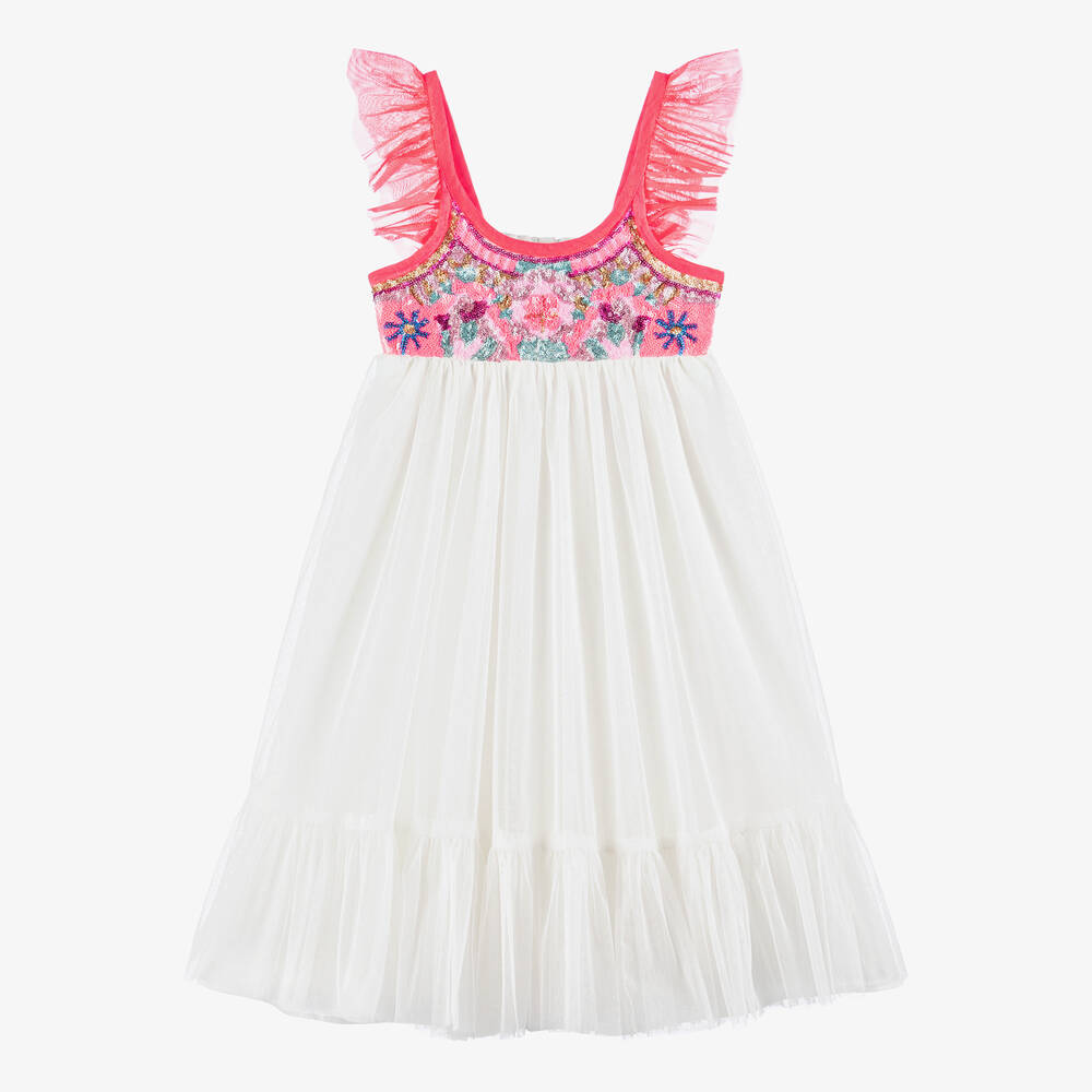 Billieblush - فستان تول لون أبيض وزهري نيون مزين بترتر | Childrensalon