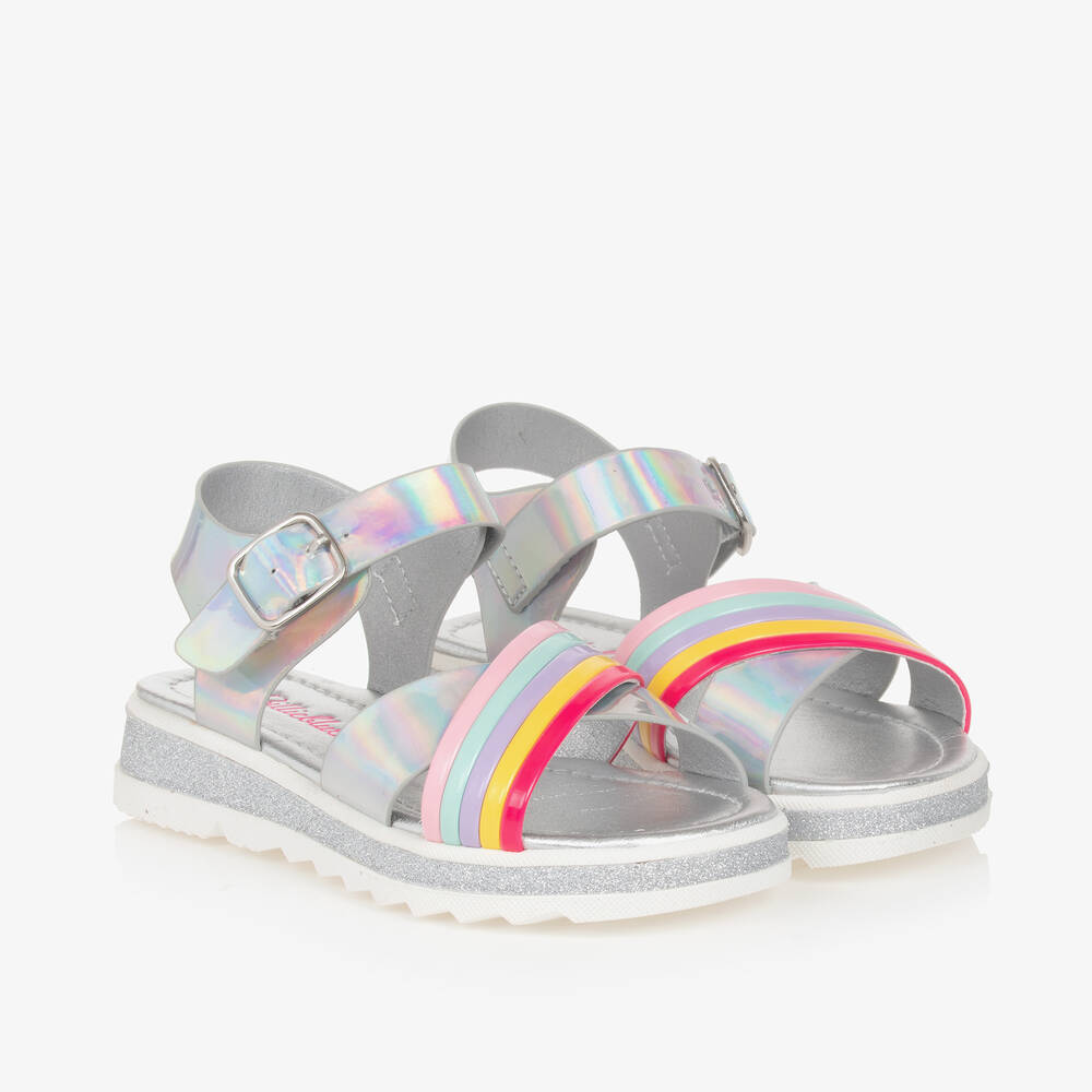 Shop Billieblush Girls Silver & Rainbow Faux Leather Sandals In Grey