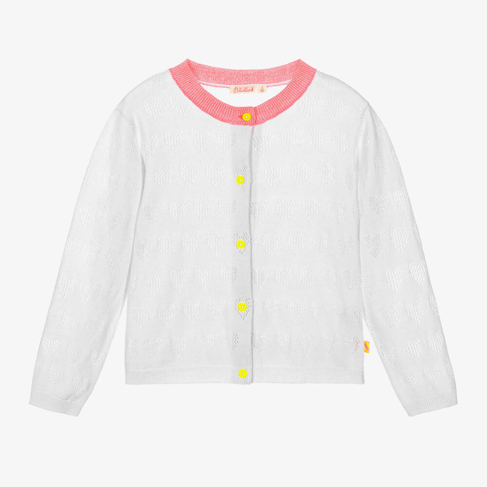 Billieblush - Girls White Cotton Knit Heart Cardigan | Childrensalon