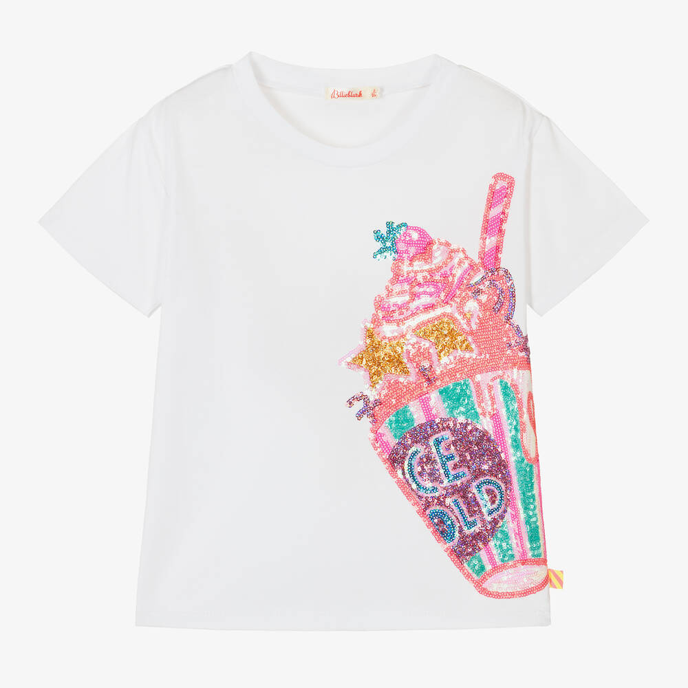 Billieblush - Girls White Cotton & Sequin T-Shirt | Childrensalon