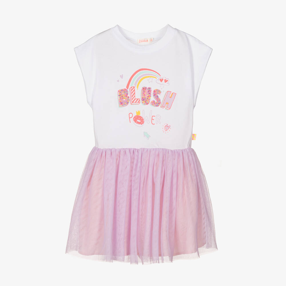 Billieblush - Girls White & Lilac Slogan Dress | Childrensalon