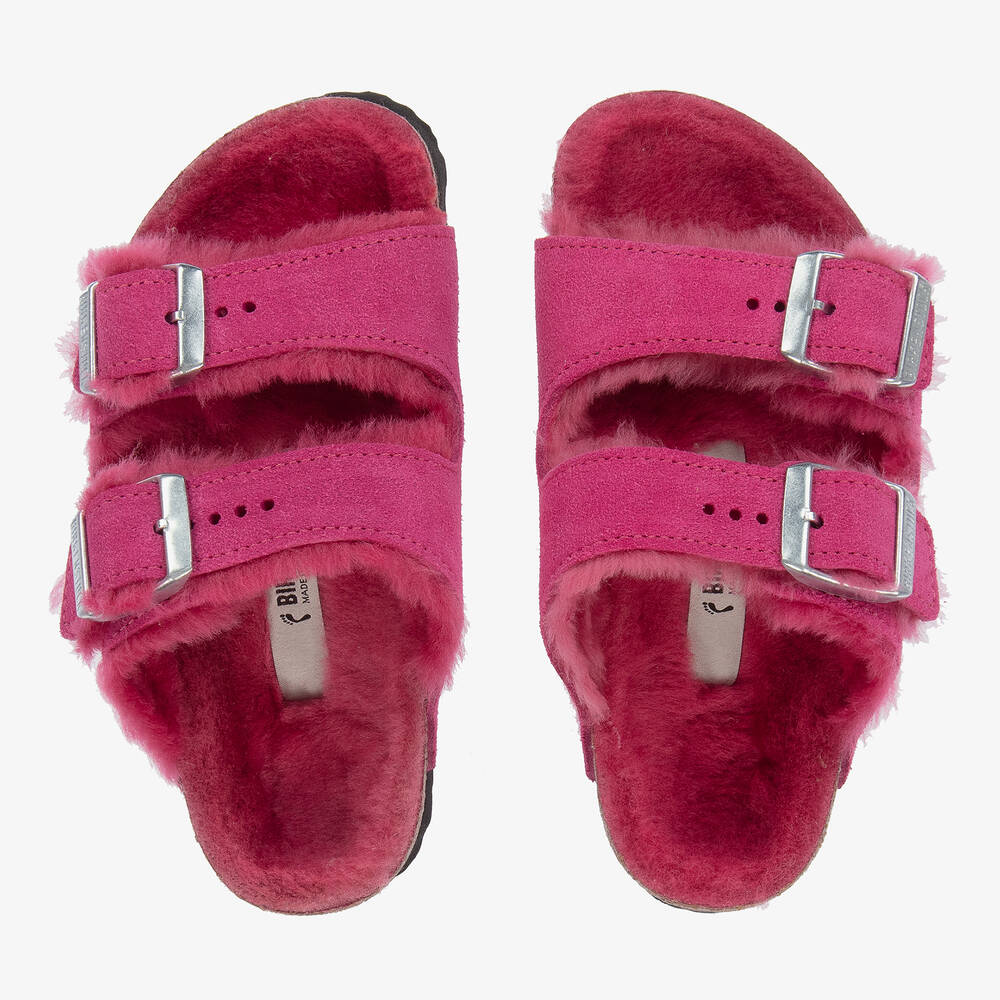 Birkenstock - Girls Pink Suede & Shearling Sandals | Childrensalon