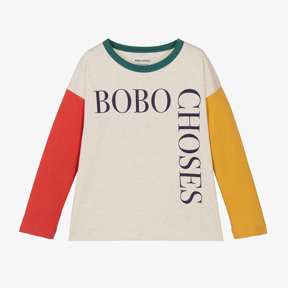 Bobo Choses - Beige Marl Organic Cotton Colourblock Top | Childrensalon