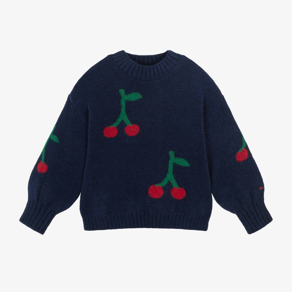 Bobo Choses - Girls Blue Wool Knit Cherry Sweater | Childrensalon