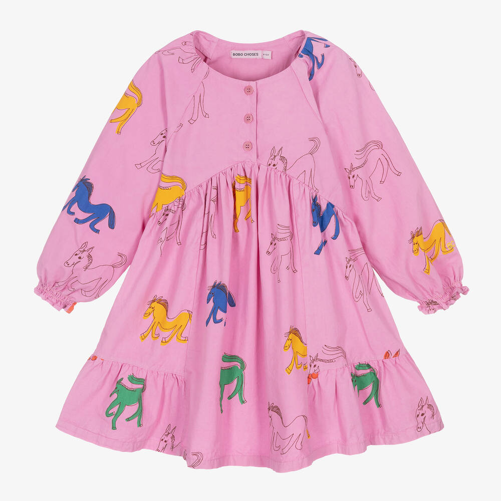 Bobo Choses - Girls Pink Organic Cotton Horse Print Dress | Childrensalon